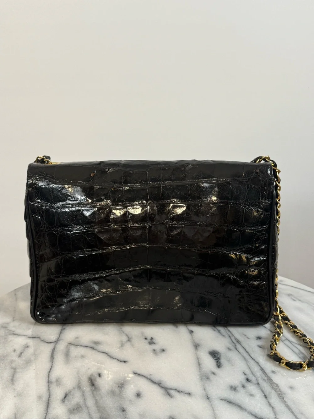 Vintage Chanel Black Crocodile Large Flap Shoulder w/ Gold HDW 1986-88, 0 Series